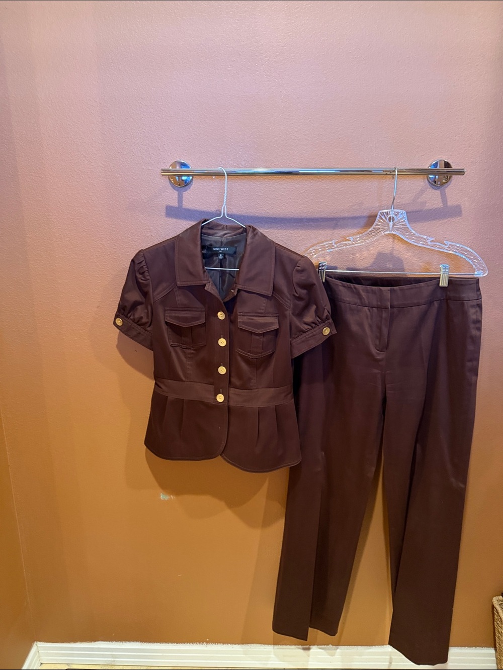 Nine West Brown Short-Sleeve Button Jacket and Straight Pants